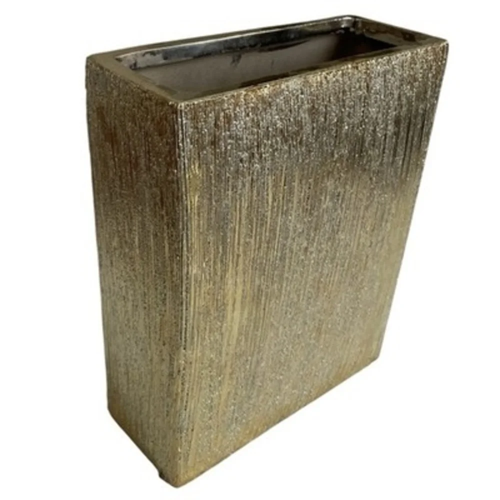 Vintage Gold Ceramic Rectangular Vase Textured Drip Glaze Modern Decor 9.75